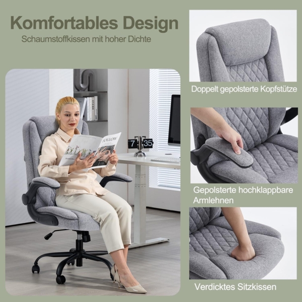 Ergonomischer Bürostuhl Chefsessel Armlehnen klappbar Grau Stoff Bild 4