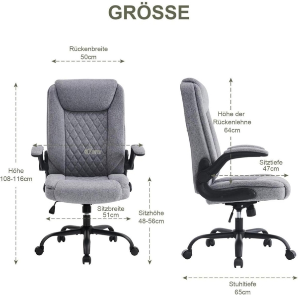 Ergonomischer Bürostuhl Chefsessel Armlehnen klappbar Grau Stoff Bild 2