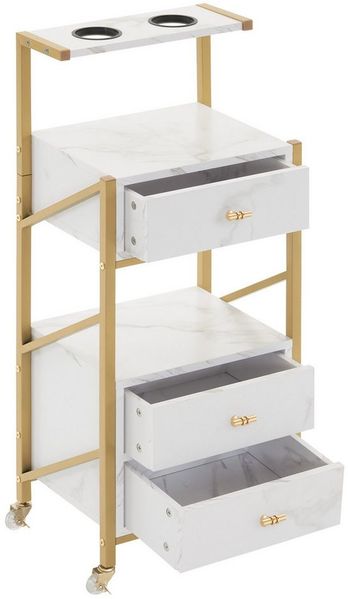 MCombo Servierwagen M MCombo Friseurwagen mit 3 Schubladen, Servierwagen, Rollwagen, 0048, mit Ablagen, Föhnhalter, Salon Trolley, Weiß-Gold