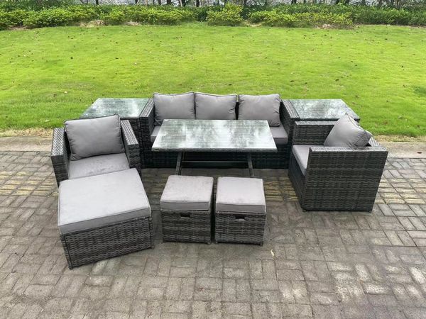 Fimous 8-Sitzer Gartenmöbel Lounge Sofa Set mit Esstisch 2 Sesseln 2 Beistelltischen 3 Hockern Dunkelgrau Gemischt