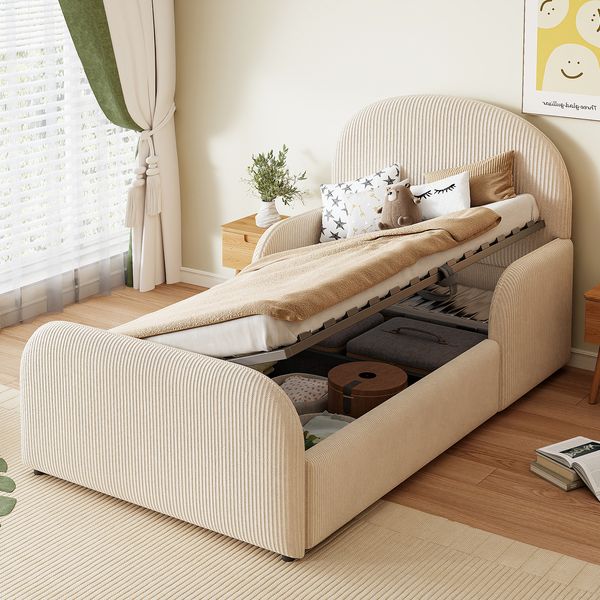Merax Kinderbett, Polsterbett 90x200cm, mit hydraulischem Stauraum, Samt-Kinderbettgestell mit hohem Kopfteil, Fußteil und halbhohen Sicherheits-Handläufen, Beige