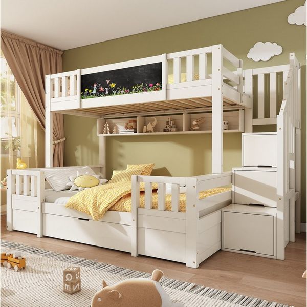 Flieks Etagenbett, Kinderbett 90/140x200cm mit Kreidetafel Stauraumtreppe Schublade Regal