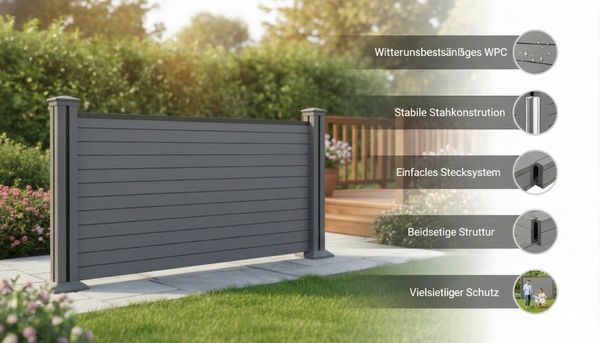 WPC-Sichtschutzzaun Valla H130 - 1x Element + 2x Pfosten - Grau