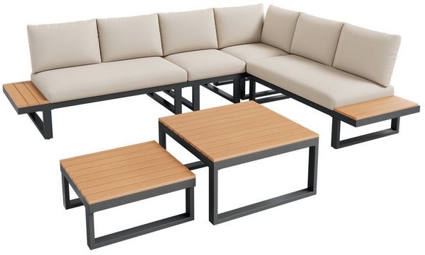 REDOM Gartenlounge-Set 5-fach verstellbare Rückenlehne (bis 55), (Set, 3-tlg, Verzinktes Stahlrohr, Kunststoffholz-Platten), Eck-Sitzgruppe für Garten mit 2 Couchtischen