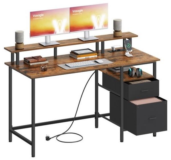 VASAGLE Arbeitstisch mit Monitorständer und Stoffschubladen, Computertisch mit Ladestation, für Büro, 140 x 60 cm, braun