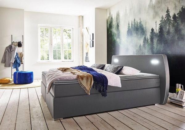 Atlantic Home Collection REX180-LED03 Boxspringbett inklusive LED Beleuchtung und Topper, Dunkelgrau, 180x200 cm