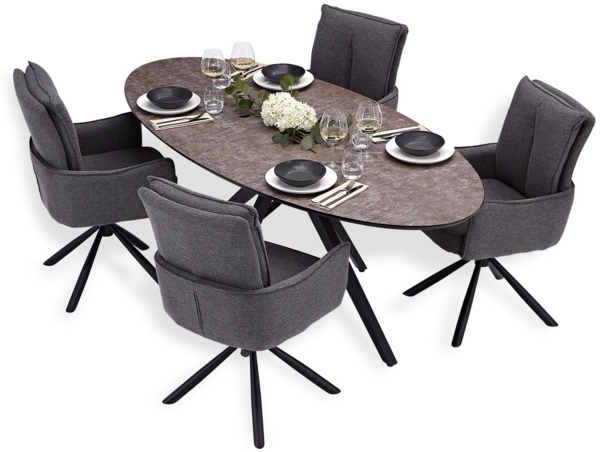 Esstisch mit 4 Stühlen Set Essgruppe Polsterstühle Drehbar Stoff Anthrazit Esszimmertisch Oval Metall Braun Schwarz