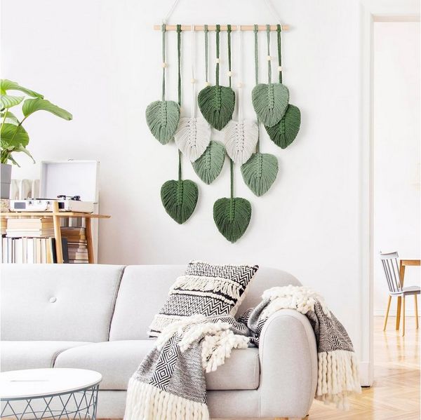 Blusmart Wandteppich Gewebter, handgefertigter Wandteppich, Höhe: 80 mm, Wandbehang mit Blattmotiv aus Baumwollseil
