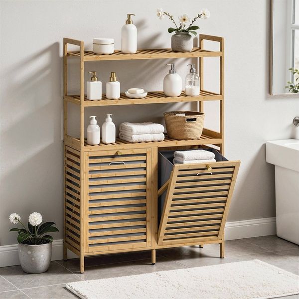 HOMCOM Wäschekorb mit 2 Fächern je 38,7 L (Wäschesammler, 1 St, Wäschesortierer), 2-in-1 Wäscheschrank mit 2 Körben, 3 Ablagen