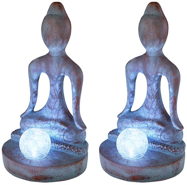 2er Set LED Solarleuchte, Buddha, bronze-silber, H 30 cm