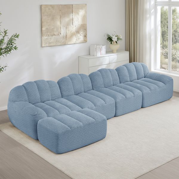 4-Sitzer Sofa 366x165x79 cm aus granuliertem Fleece rahmenlos modular mit 1 Ottomane, blau