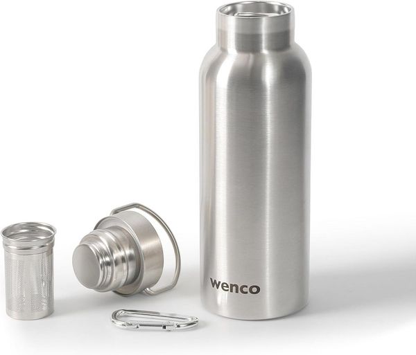 wenco Trinkflasche Edelstahl 0,5l / 500ml isoliert und auslaufsicher für kalte und heiße Getränke auch als Thermoskanne verwendbar – mit Teesieb – BPA frei – silber