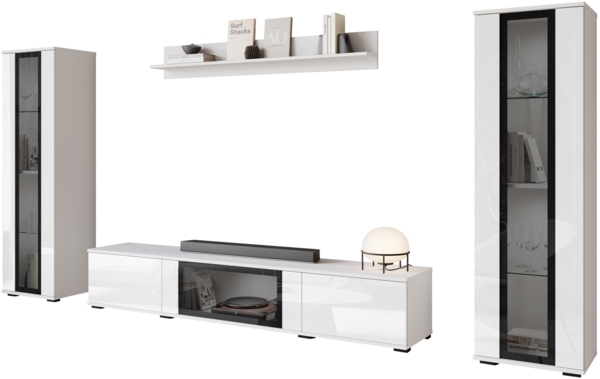 Wohnwand Clarkoy I (Farbe: Weiß / Weiß Hochglanz, ohne Beleuchtung)
