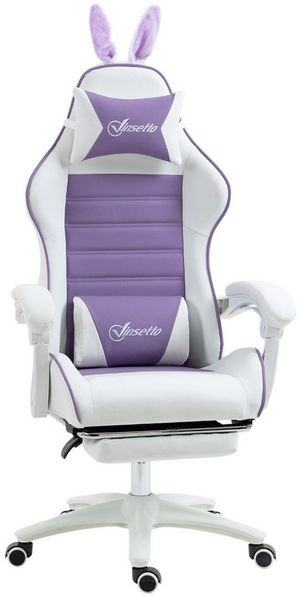 Vinsetto Gaming-Stuhl mit Lendenwirbelstütze, Fußstütze, Hasenohren, Kopfkissen (Bürostuhl, 1 St), PC-Sessel mit verstellbar Liegefunktion, 65 x 63 x 136-142 cm, Violett