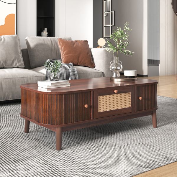 Couchtisch mit Rattan & Massivholztüren im Landhausstil - 110x55x38,5 cm