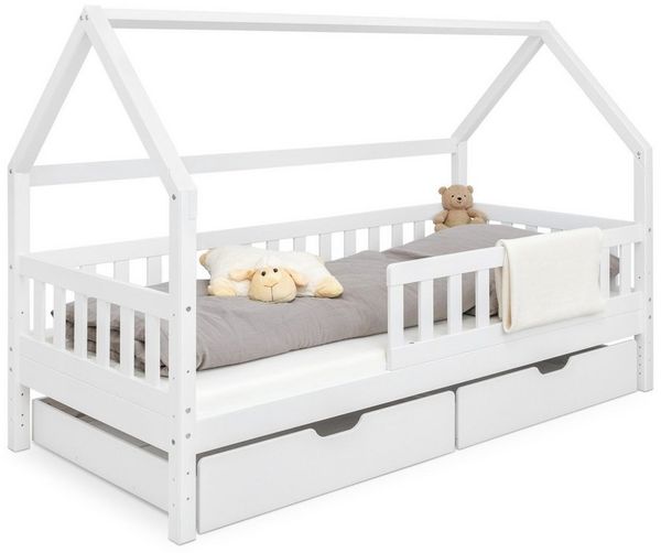 Ehrenkind Hausbett aus nachhaltigem Kiefernholz (mit abnehmbarem Rausfallschutz aus nachhaltigem Holz, Erhältlich in Natur und Weiß Kinderbett 80x160/90x200 cm), höhenverstellbar, nachhaltiges Kiefernholz, hergestellt in Europa
