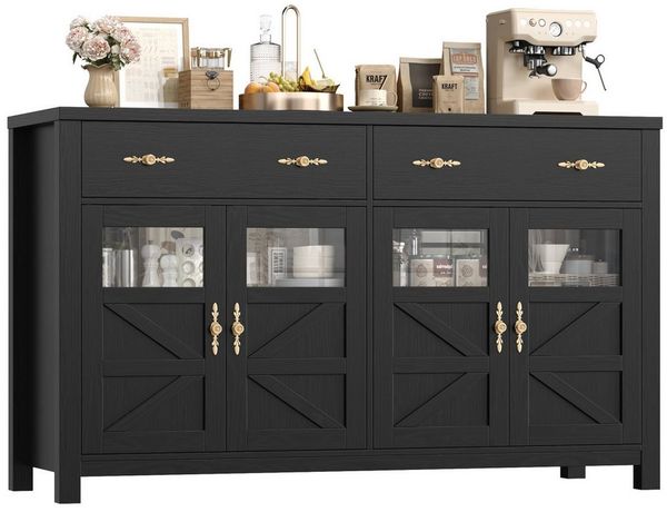 Homfa Sideboard Küchenschrank Buffetschrank Küchenbuffet, mit 2 Schubladen 4 Glastüren für Wohnzimmer Küche 140x40x90 cm schwarz
