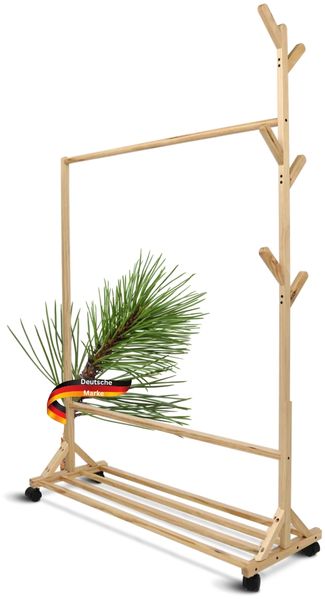 Garderobe mit Rollen SEMU - Massivholz, 6 Haken | Garberobenständer Flur Kleiderstange für Jacken Eingangsbereich Kleiderständer