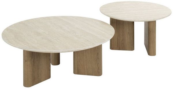 Couchtisch 2er-Set Joradis, Keramik Travertin-Optik, rund, modern, beige, nachhaltiges Design