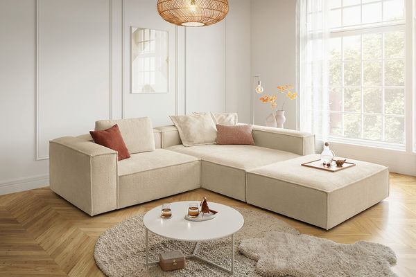 KAWOLA Sofa CARMO Ecksofa Stoff beige mit Hocker Recamiere rechts 68 x 191 x 306 cm