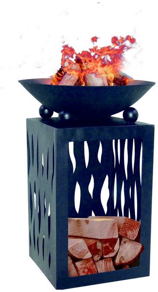 Feuerschale auf Säule, mit Holzfach, Metall Schwarz, Ø 44 x 33 x 68 cm