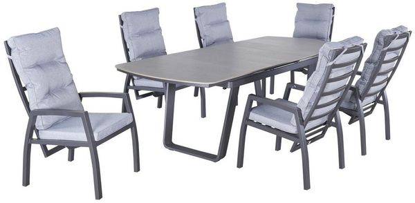 LC Garden Garten-Essgruppe Diwo Gartenset 7tlg. anthrazit Esstisch 200/260x100cm, (Gartenset, 7-tlg, Tisch mit 6 Stühlen), inkl. Auflagen, stufenlos verstellbar, ausziehbarer Tisch