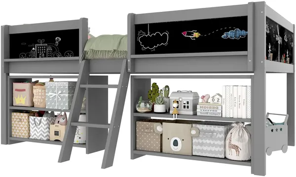 Kinderbett mit Regal, Leiter und Lattenrost, 90x200 cm, Rausfallschutz, Holzbett, Jugendbett, Einzelbett, Kiefer