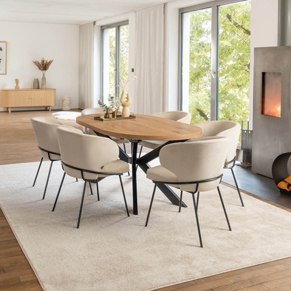 HOME DELUXE Essgruppe Oval Ausziehbar inkl. Sternfuß - 160 x 100 cm Light Oak 6 Stühle Beige Bild 1