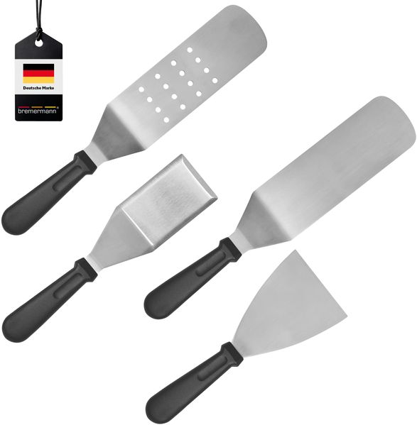 bremermann Pfannenwender- und Grillspachtel-Set 4-tlg, Edelstahl silber / Kunststoff schwarz, 39 cm / 39 cm / 25 cm / 30 cm