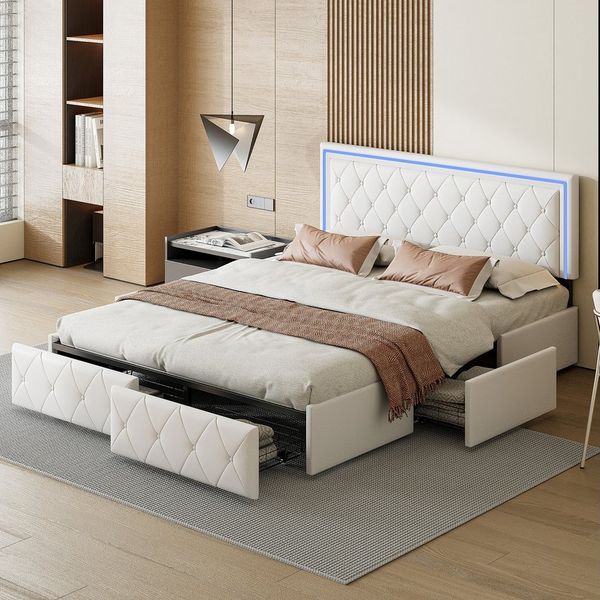 FUROKOY Stauraumbett Stauraumbett Polsterbett Doppelbett mit 4 Schubladen (1-tlg, Jugendbett mit Höhenverstellbares Kopfteil), mit Metallrahmen und Lattenrost, 140x200 cm, Kunstleder, Beige
