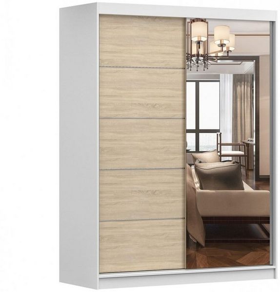 MOEBLO Kleiderschrank LARA 05 (mit Spiegel Schwebetürenschrank 2-türig Schrank mit vielen Einlegeböden und Kleiderstange, Gaderobe Schiebtüren Schlafzimmer-Wohnzimmerschrank Modern Design), (BxHxT): 150x200x61 cm