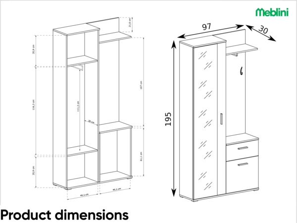 MEBLINI Garderobenschrank Flur mit Spiegel - LUXOR - 97x30x195cm R/L - Artisan Eiche/Schwarz - Garderobe Schrank - Flurgarderobe schmal - Garderobe Flur Möbel Set - Flurschrank hoch Bild 5