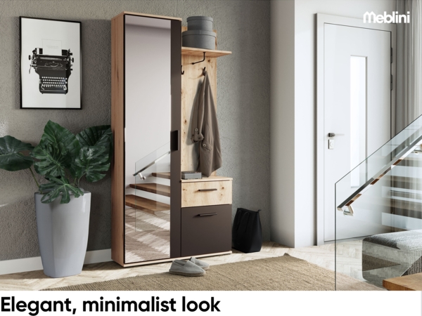 MEBLINI Garderobenschrank Flur mit Spiegel - LUXOR - 97x30x195cm R/L - Artisan Eiche/Schwarz - Garderobe Schrank - Flurgarderobe schmal - Garderobe Flur Möbel Set - Flurschrank hoch Bild 3