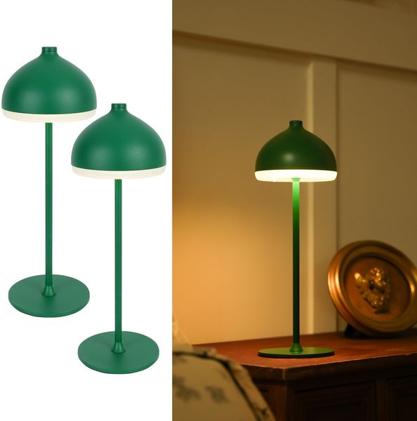 LuminexDesigns DOME TL13 2 Stück LED Tischlampe Kabellos mit Akku,Dimmbar Touch Tischleuchte,IP54 Spritzwassergeschützt,Vintage Nachttischlampe für Schlafzimmer Wohnzimmer Balkon Terrasse Olivgrün