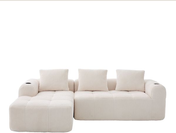 LVHOM Ecksofa 3 sitzer, Bodensofa mit Seitentaschen und Getränkehalter, Polstersofa aus Cordstoff, frei Kombination, Modulares Chaiselongue-Sofa-Set, 253x158x61 cm Bild 2