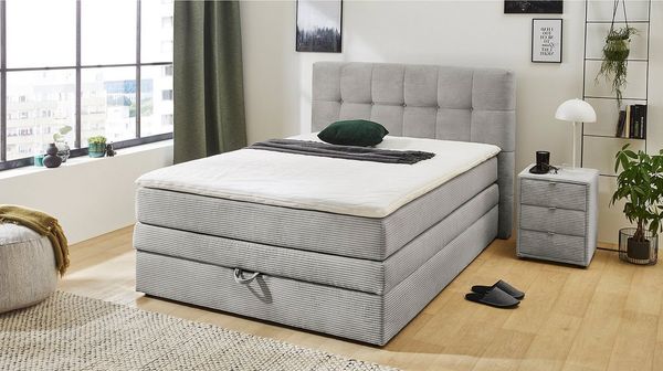 Massivart® Boxspringbett AMY 140 x 200 cm / Cordbezug / hellgrau, Bettkasten / inkl. Topper / Tonnentaschenfederkern Matratze H3