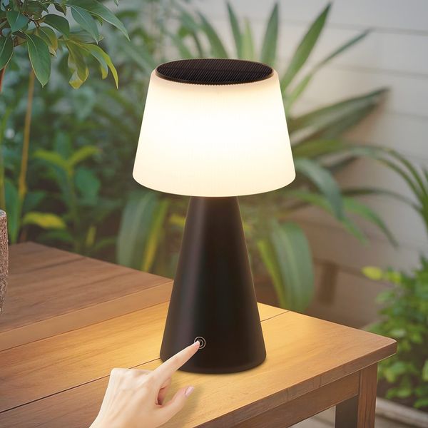 ZMH Solar-Tischlampe mit wiederaufladbarem Akku – 3600 mAh kabellose Nachttischlampe, wiederaufladbare LED-Tischlampe, Touch-Dimmer, schwarze Lampe mit USB-Akku, für den Außenbereich