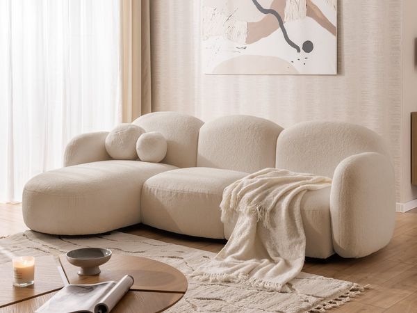 S-Style Möbel Ecksofa Nuvola aus Bouclé-Stoff mit abgerundetem Design und hohem Sitzkomfort, mit Wellenfederung