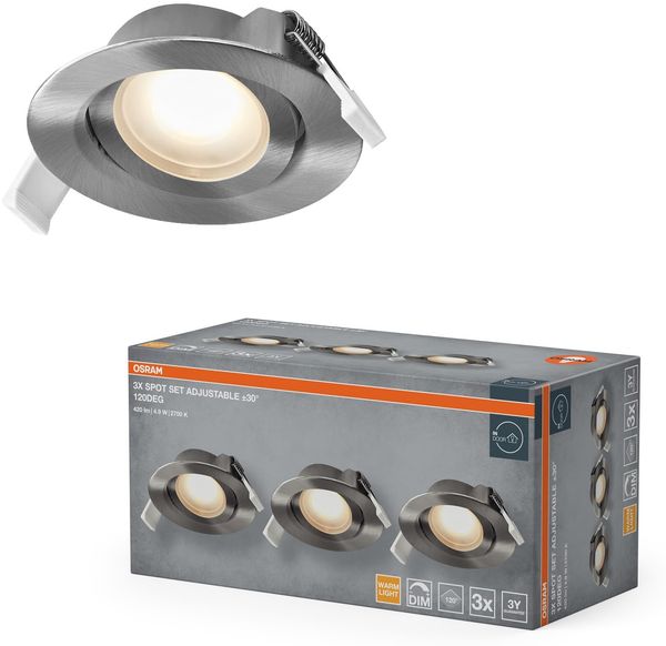 Osram Spot Set LED Einbaustrahler DIM 4,9W 120° Satin-Nickel, 3er Set Deckenspot dimmbar Phasenabschnitt, warmweiß IP20