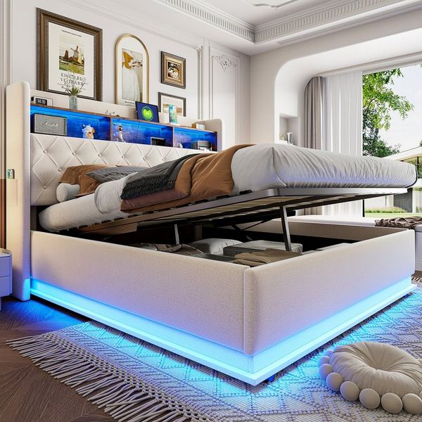 Flieks Polsterbett, LED Doppelbett 180x200cm mit USB-Ladefunktion & hydraulischem Stauraum