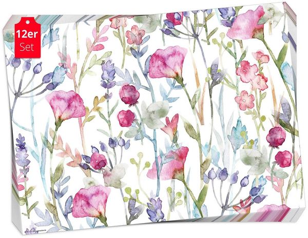 Tischsetmacher Platzset Tischset Frühling, Ostern & Blumen - Blumenwiese Aquarell, (aus Naturpapier in Aufbewahrungsmappe, 12-St, 44 x 32 cm / grün-hellblau), Made in Germany