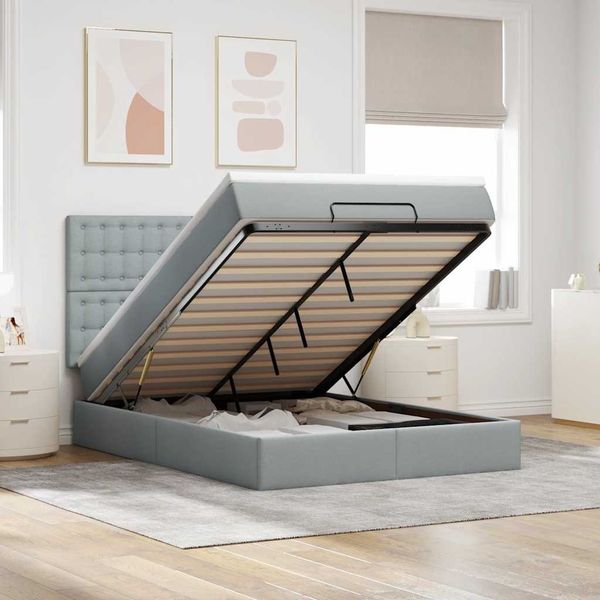 vidaXL Ottoman-Bett mit Matratze & LEDs Hellgrau 140x200 cm Stoff 3314176