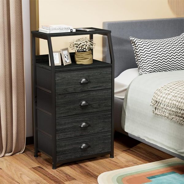 GarveeLife Kommode Schmal Kommodenschrank Mit 4 Schubladen Aus Stoff, Nachttisch Nachtschrank Sideboard Aufbewahrungskommode Mit 2-Tier Holz Regal Für Schlafzimmer, Flur, Wohnzimmer, 41 x 29 x 84.5Cm