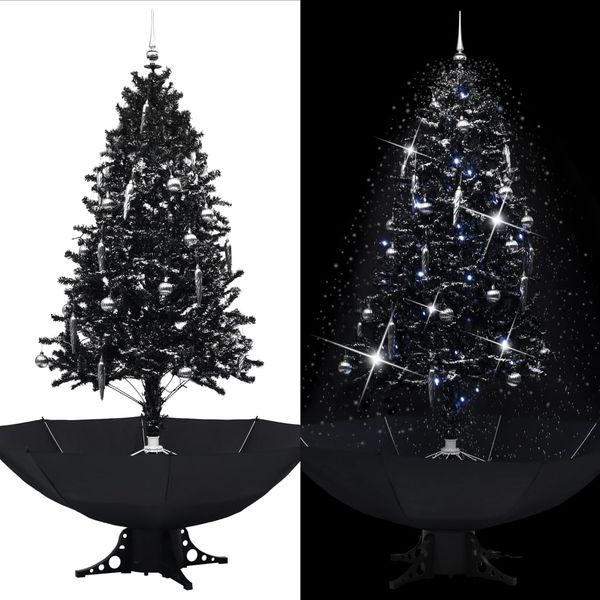 vidaXL 'Schneiender' Weihnachtsbaum mit Schirmfuß, Schneefall, Kugeln & LED-Lampen , Schwarz, 190 cm