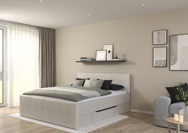 rauch Bett Holga, Polsterbett, mit Polster-Kopfteil, mit 2 Sockelschubkästen für mehr Stauraum, Farbe Webstoff Ivory/Champagner, Beige, Liegefläche 180x200cm