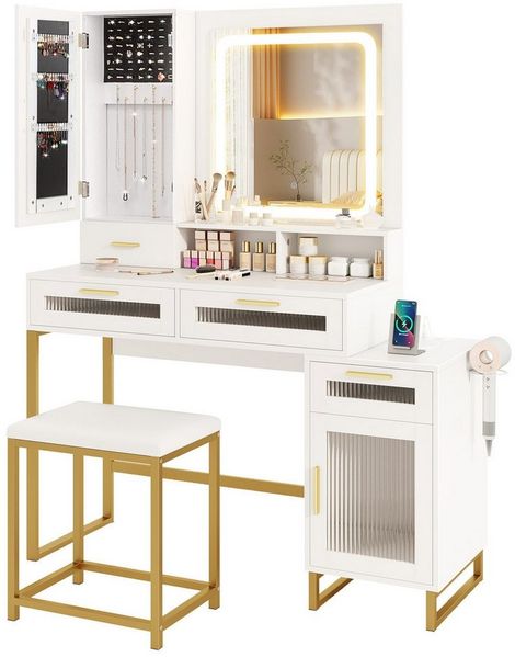 COSTWAY Schminktisch (1-St), mit LED & Ladestation, Hocker, Spiegel, Schubladen
