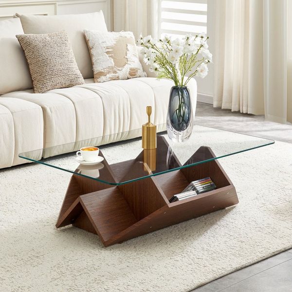 BBWL Couchtisch moderner Wohnzimmer Tisch mit gehärteter Glasplatte Stauraum Fächern, Multi Storage Glas MDF Walnuss Finish für Büro Wohnzimmer Organisation