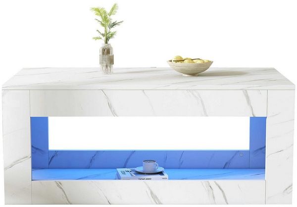 BlingBin Couchtisch Beistelltisch Wohnzimmertisch (Hochglänzender Couchtisch, 1-St, mit LED und Offene Staufächer), 100 × 50 × 50cm, weiß