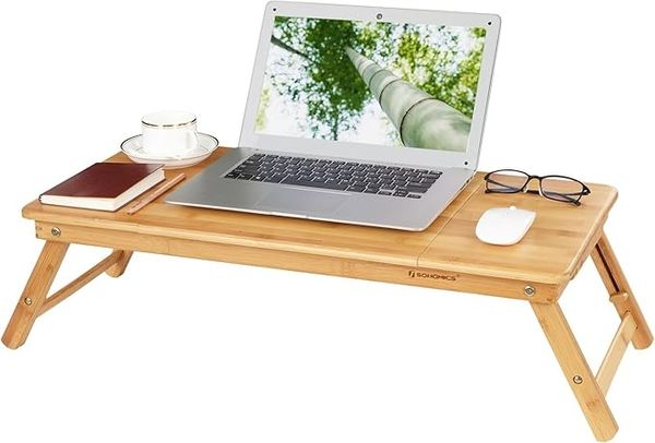 SONGMICS Laptoptisch für Bett, Laptopständer, Frühstückstablett, klappbare Beine, Bambus, höhenverstellbar, mit Schublade, 71,5 x 35 cm, für Laptops bis 14,3 Zoll, naturfarben