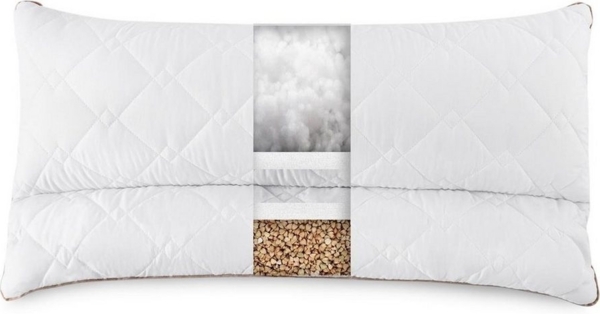 SEI Design Kopfkissen 40x80 mit Nackenrolle aus Buchweizenschalen, Bezug: 100% Polyester, Rückenschläfer, Seitenschläfer, gesteppt mit Nackenrolle